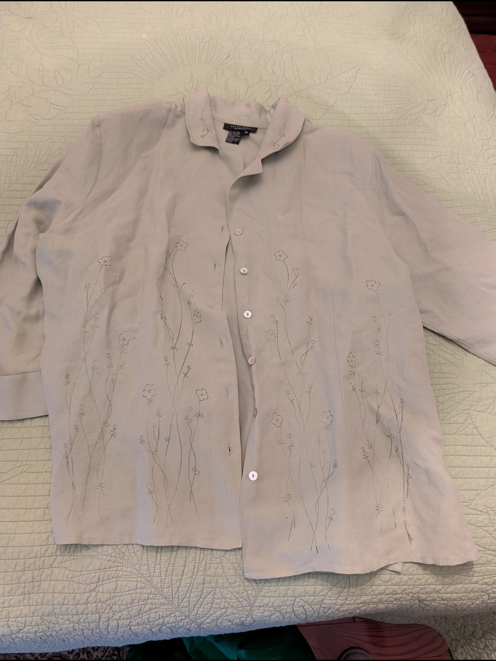 SilkLand Sage Green Embroidered Lightweight Shirt Jacket
